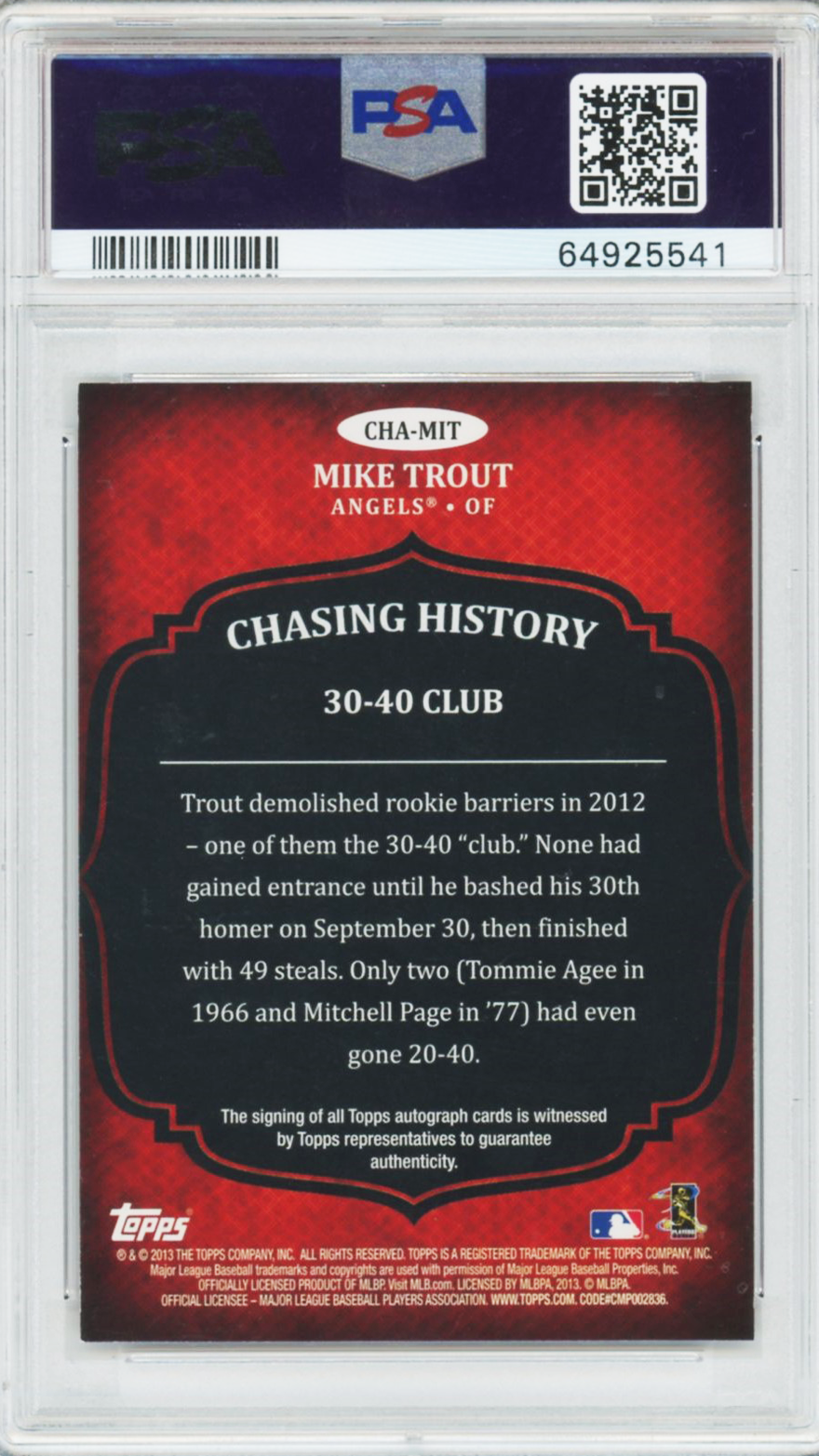 2013 Topps Mike Trout Chasing History Auto #MIT PSA 9