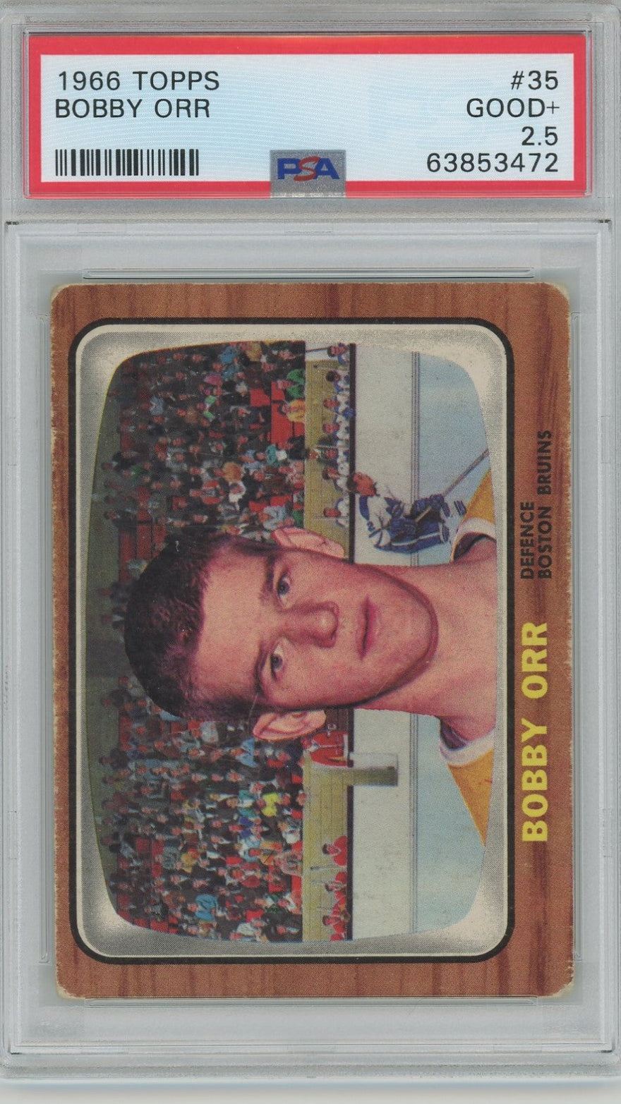 1966 Topps Bobby Orr #35 hockey card, showing the front with the player's image and statistics, and the back with the Topps logo and a PSA rating of 2.5.