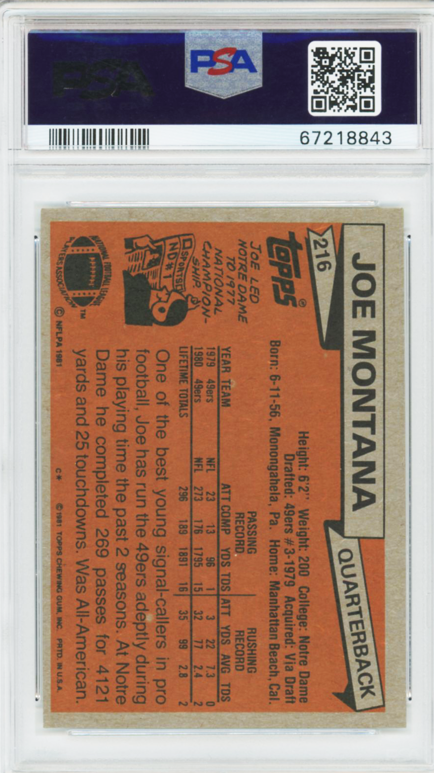 1981 Topps Joe Montana Rookie #216 PSA 7