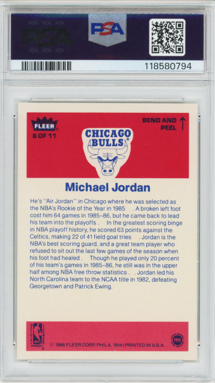 1986 Fleer Michael Jordan Sticker #8 PSA 8