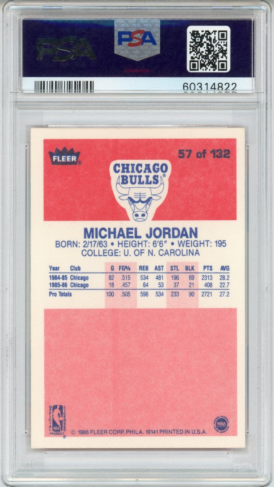 1986 Michael Jordan Fleer #57 PSA 6