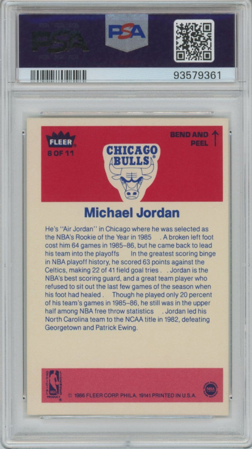 1986 Michael Jordan Fleer Sticker PSA 7