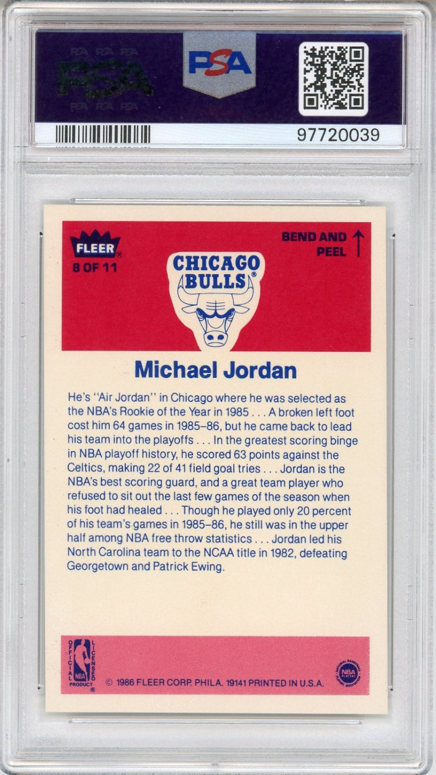 1986 Michael Jordan Fleer Sticker #8 PSA 9