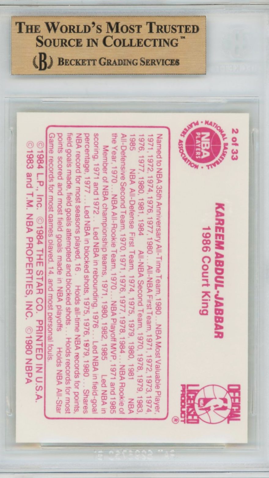 1986 Star Court Kings Kareem Abdul-Jabbar #2 BGS 9.5