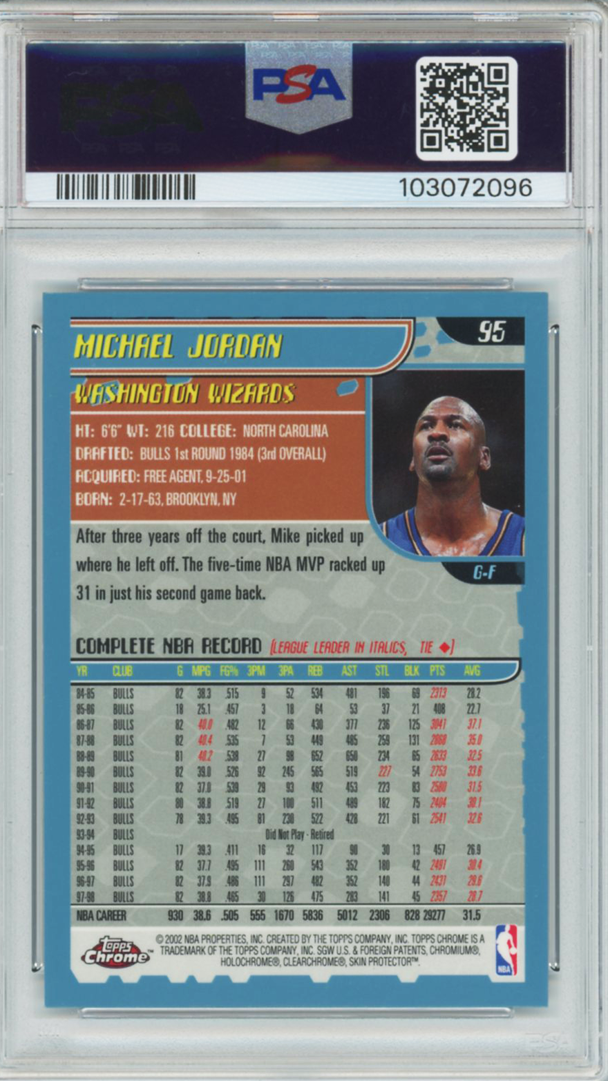 2001 Topps Chrome Michael Jordan #95 PSA 10
