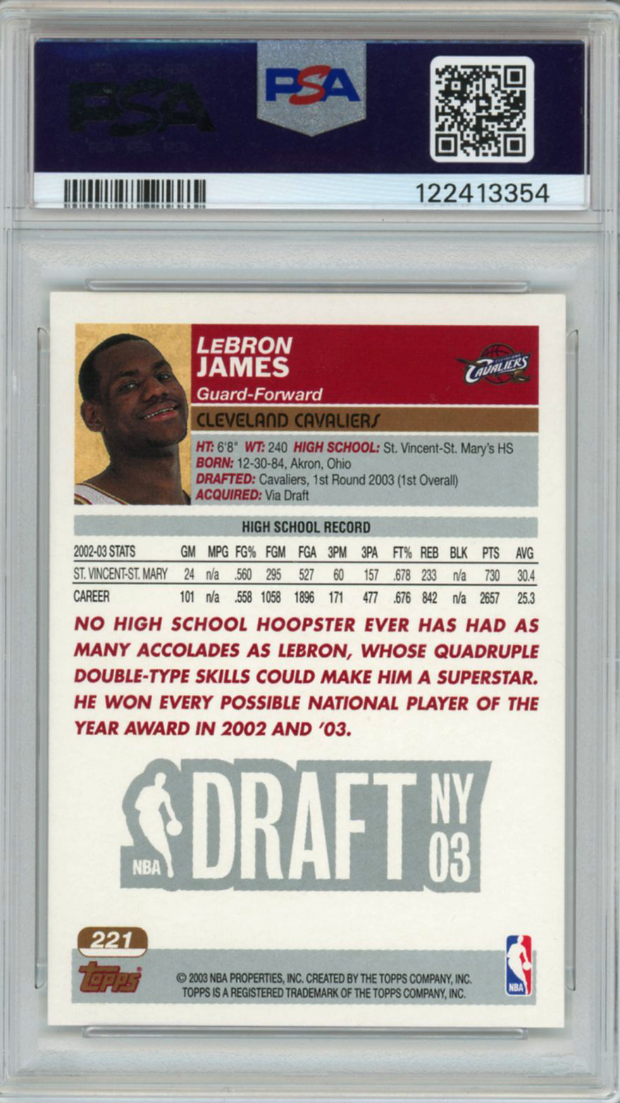2003 Topps 1st Edition LeBron James #221 PSA 8