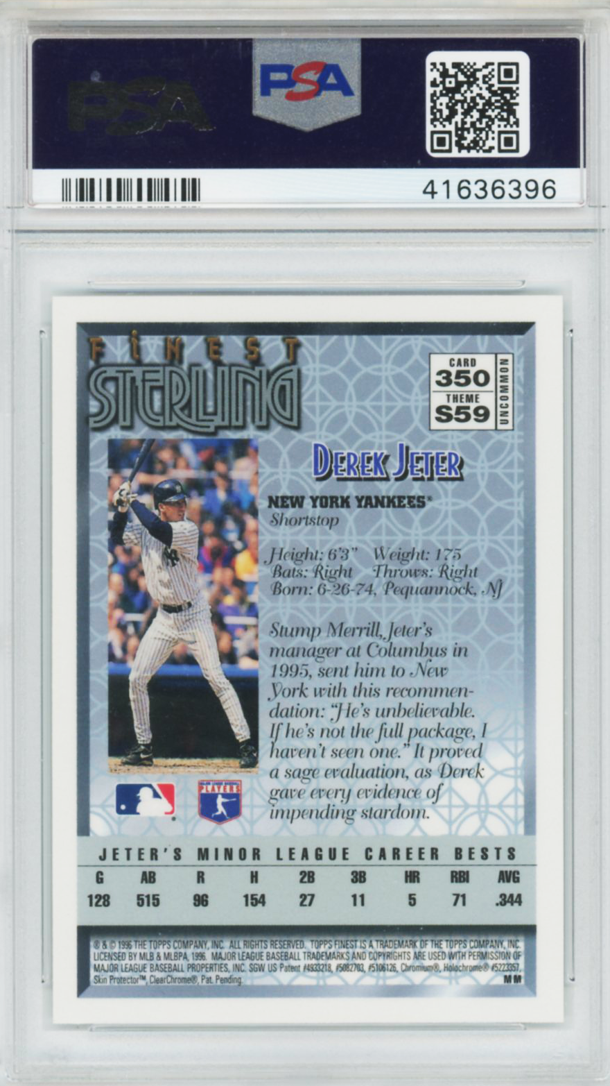 1996 Finest Derek Jeter W/Coating #350 PSA 10